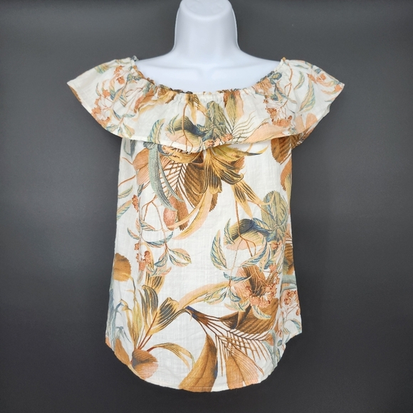 A.n.a Womens Sleeveless Top‎ Size XL Brown Green Earthy Floral Ruffle Goblincore - Picture 2 of 5